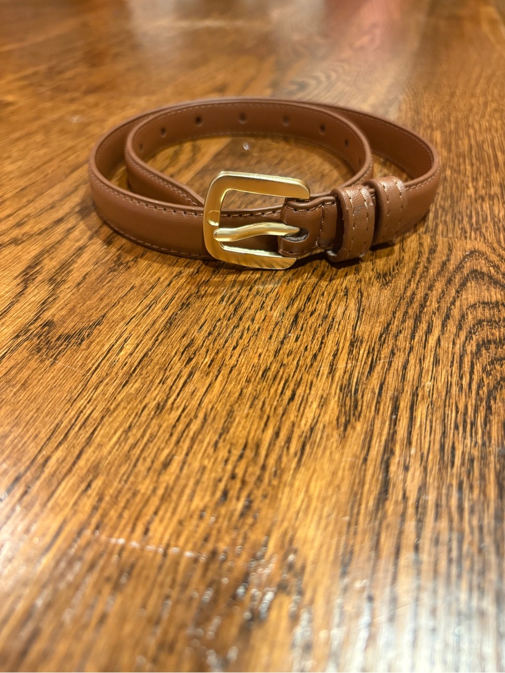 Women's Classic Brown Leather Belt with Gold Buckle